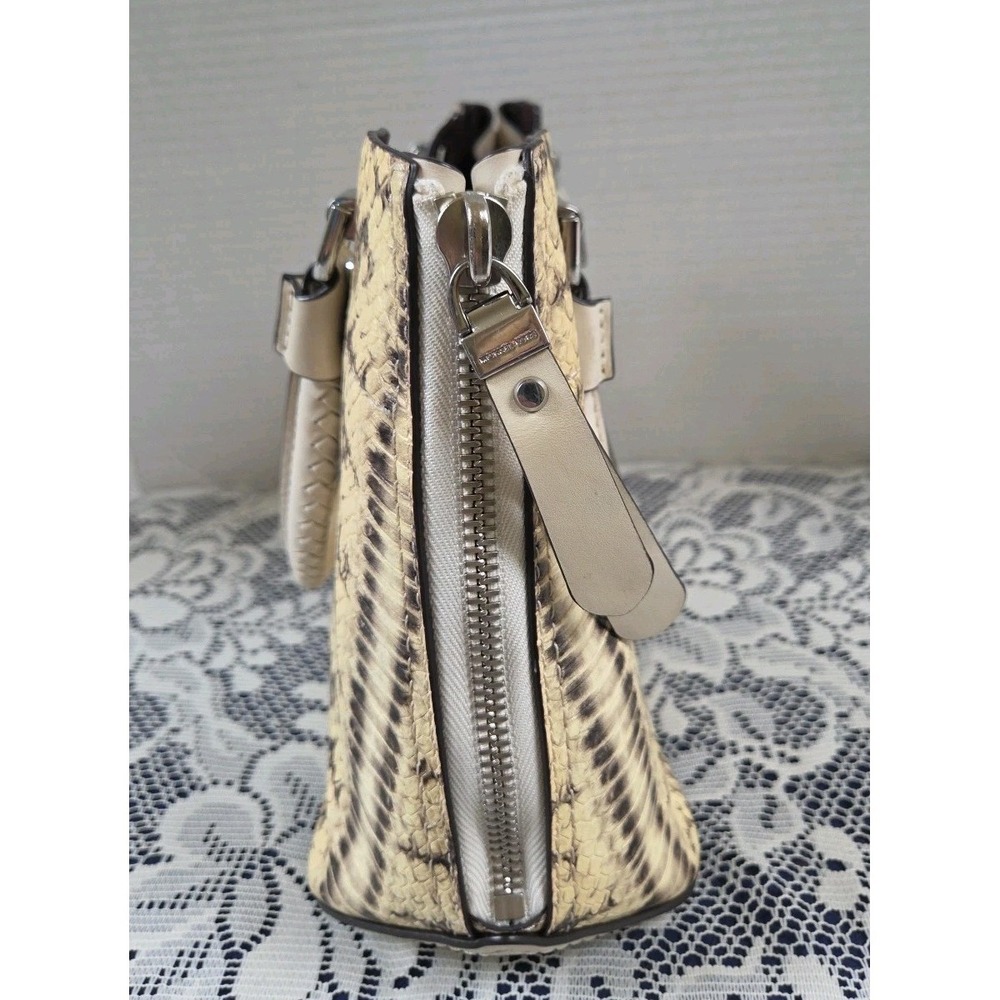 Michael Kors Blakely Hand Bag Snake Taupe Embossed Leather Satchel Expandable - Picture 3 of 13